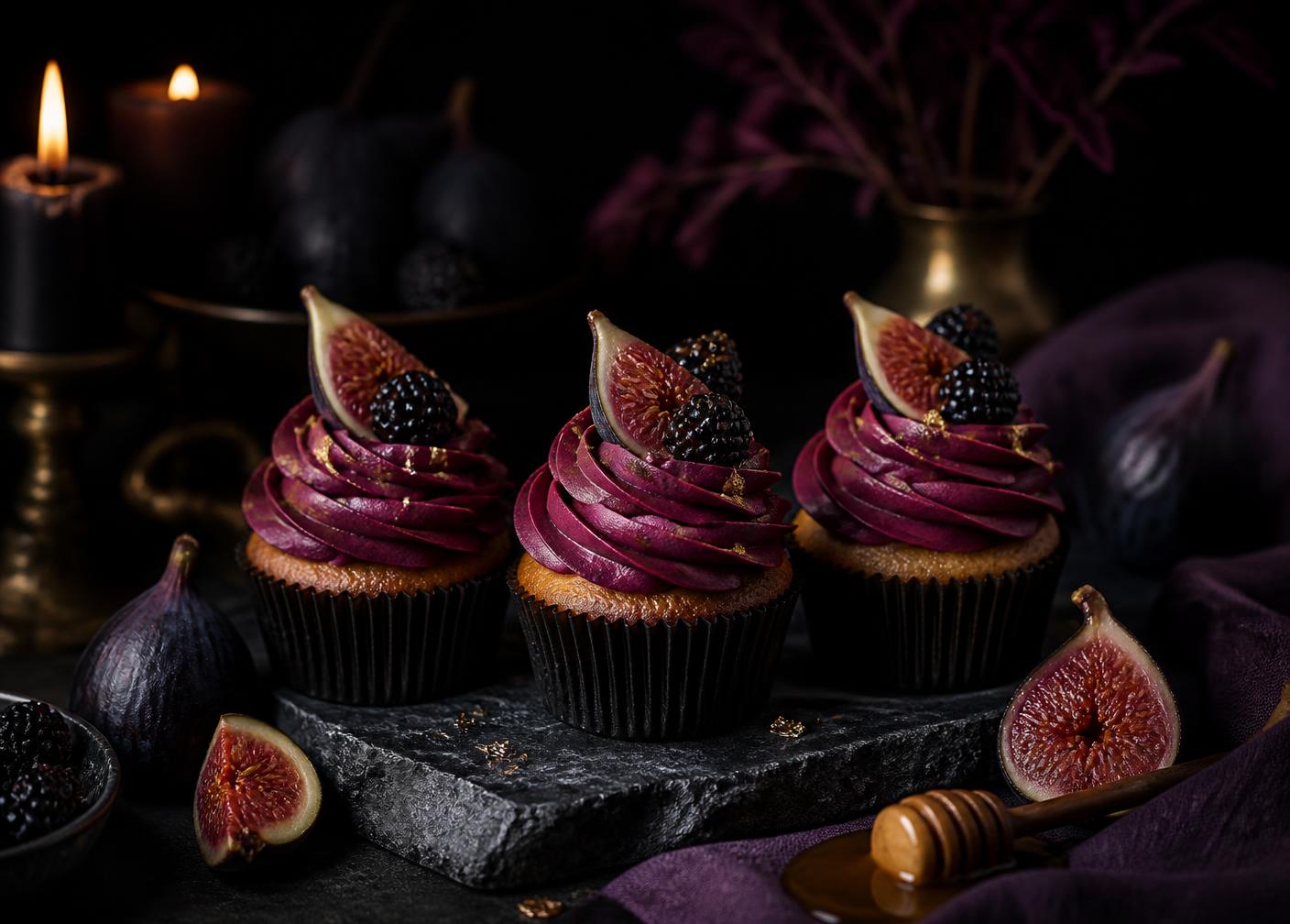 Cupcakes with dark berry buttercream, figs and honey on a charcoal slab