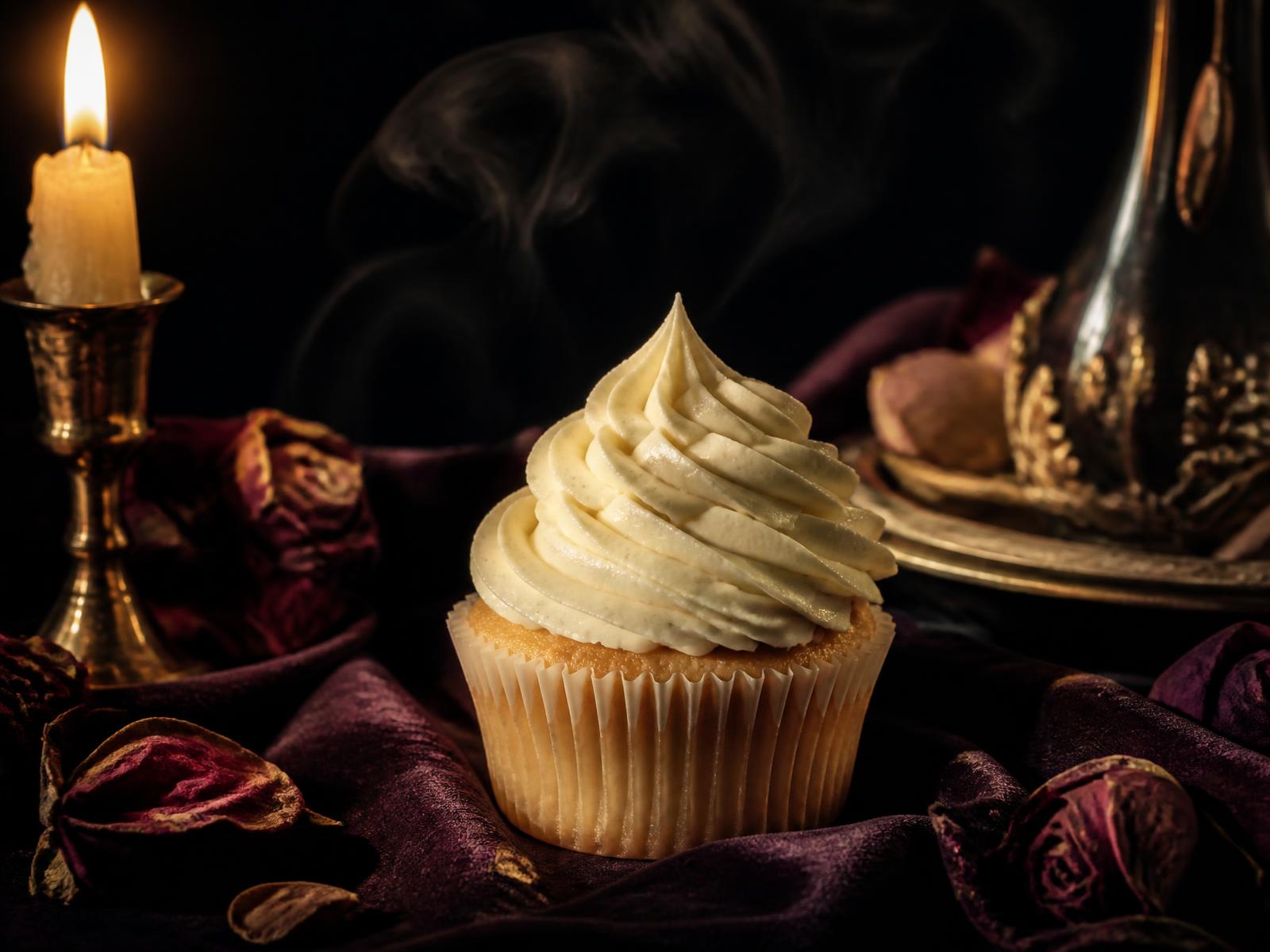 Vanilla bean cupcake with swirled buttercream lit by candlelight on dark plum velvet